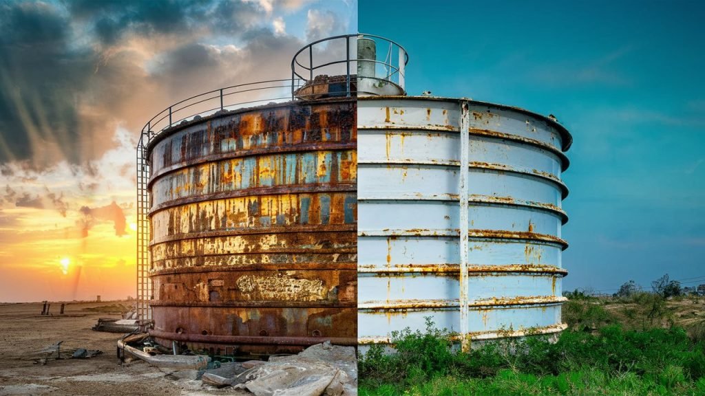 Display a split image showcasing a corroded and