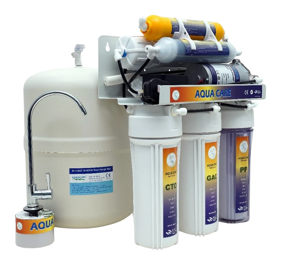 فلتر أكوا كير (Aqua Care) ذو ست مراحل يعمل بتقنية التحلية بالتناضح العكسي (RO – Reverse Osmosis)،