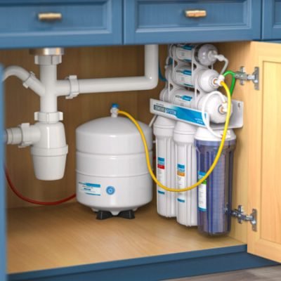 Reverse osmosis water purification system under sink in a kitcha Reverse osmosis water purification system under sink in a kitchaen. Water cleaning system installation. 3d illustration